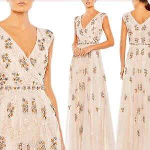 Mac Duggal Cream Embellished V-Neck Maxi Gown